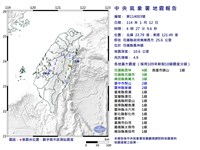 花蓮縣規模4.9地震 最大震度花蓮縣4級