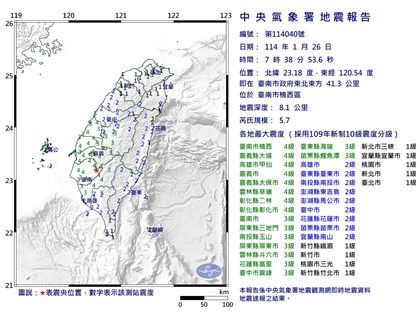 台南楠西地震規模5.7 最大震度4級